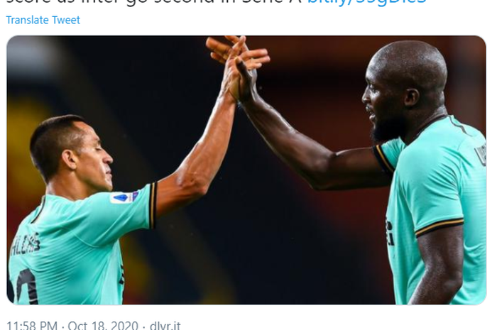 Alexis Sanchez (kiri) dan Romelu Lukaku menghiasi susunan pemain Inter Milan kontra Borussia Moenchengladbach di matchday 1 grup B Liga Champions 2020-2021.