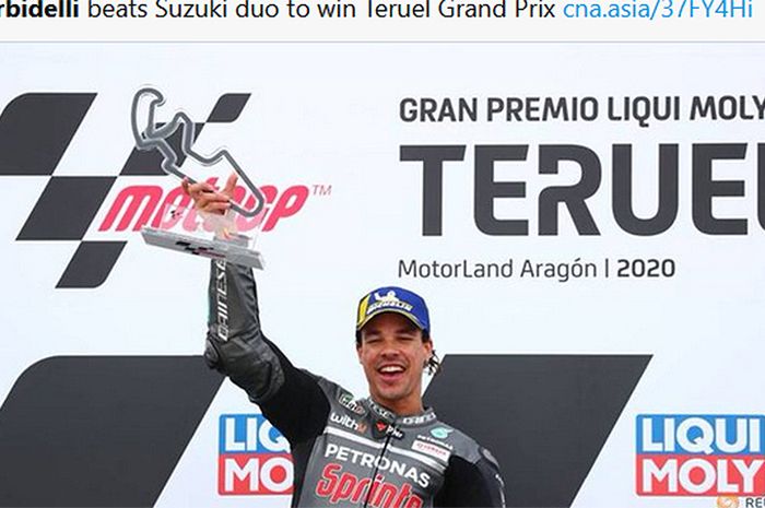 Pembalap Petronas Yamaha SRT, Franco Morbidelli, berhasil memenangi balapan MotoGP Teruel di Sirkuit Aragon, Spanyol, 25 Oktober 2020.