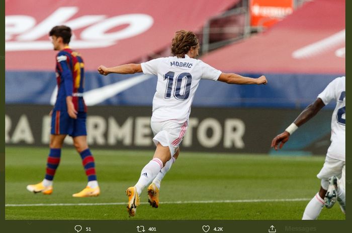 Luka Modric mencetak gol penutup Real Madrid dalam kemenangan atas Barcelona pada el clasico di Camp Nou, 24 Oktober 2020.