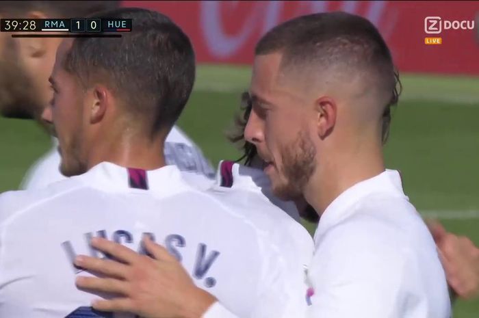 Eden Hazard usai mencetak gol ke gawang Huesca di Stadion Alfredo Di Stefano dalam laga pekan ke-8 Liga Spanyol, Sabtu (31/10/2020). 