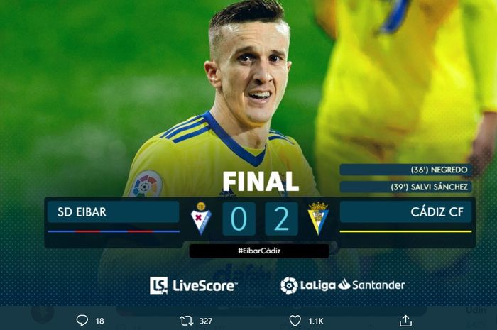 Cadiz mengalahkan Eibar 2-0 dalam laga pertama pekan ke-8 Liga Spanyol, Jumat (30/10/2020) di Stadion Ipurua.