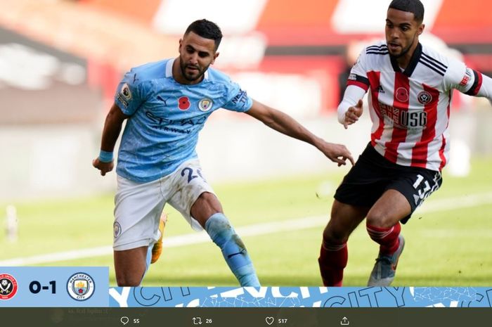 Pemain Manchester City, Riyad Mahrez, pada laga melawan Sheffield United yang dimenangi dengan skor 1-0.