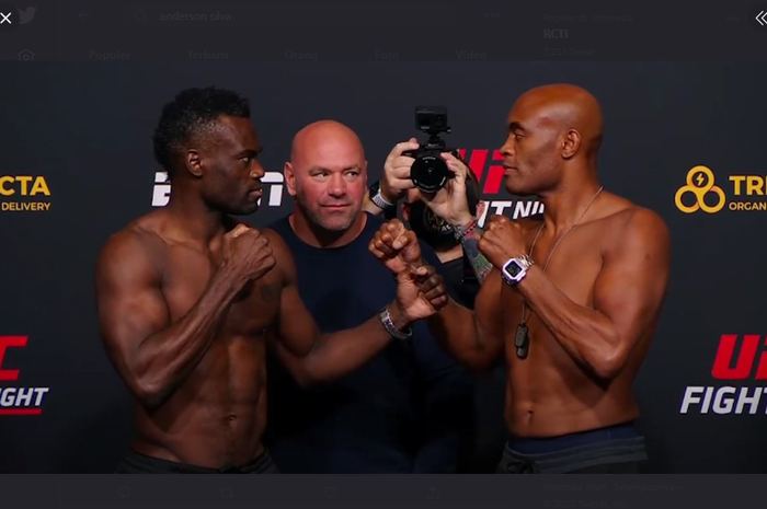 Uriah Hall (kiri) dan Anderson Silva (kanan) saat melakoni sesi stare down jelang UFC Vegas 12 pada Minggu (1/11/2020).