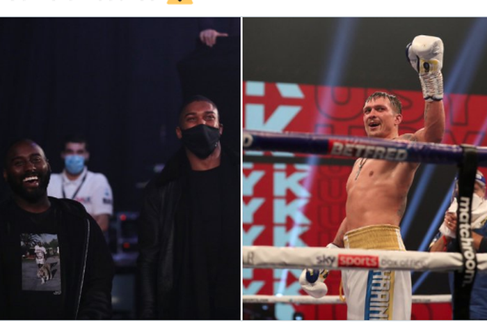 Petinju asal Inggris Anthony Joshua (memakai masker) hadir di pertandingan Oleksandr Usyk vs Dereck Chisora di SSE Arena, Wembley, Inggris, Minggu (1/11/2020) WIB.