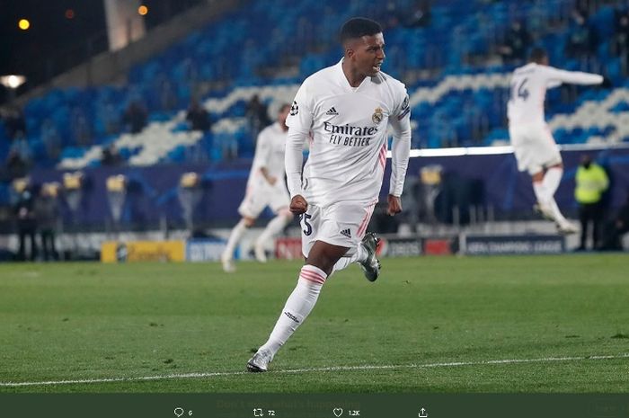 Penyerang Real Madrid, Rodrygo Goes, merayakan golnya ke gawang Inter Milan dalam pertandingan Selasa (3/11/2020).