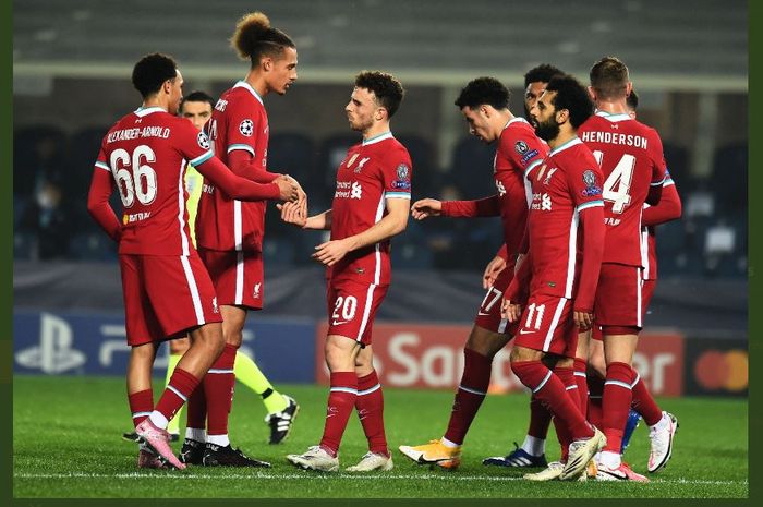 Diogo Jota (tengah) tampil brilian dalam kemenangan Liverpool atas Atalanta di Grup D Liga Champions 2020-2021.