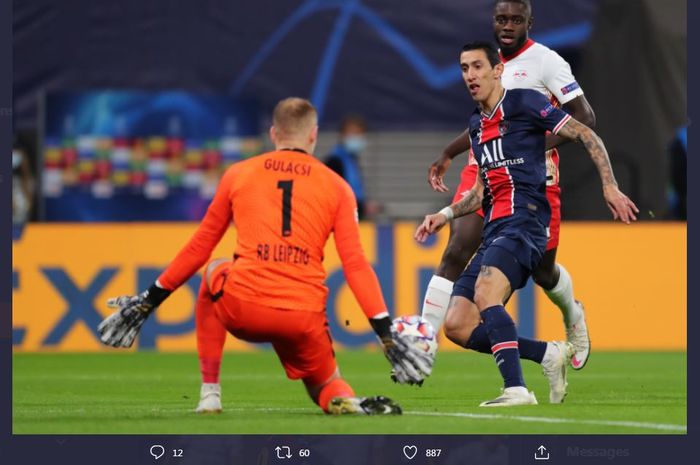 Angel Di Maria mencetak gol PSG ke gawang RB Leipzig di Liga Champions, 4 November 2020.