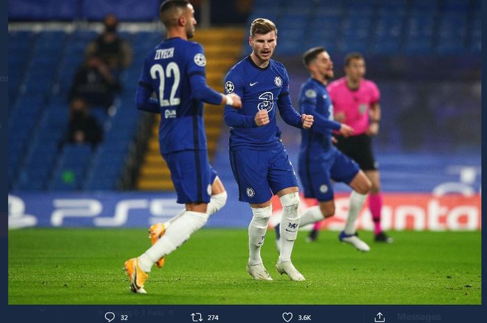 Timo Werner mencetak gol Chelsea dua kali lewat penalti ke gawang Rennes dalam partai Liga Champions, 4 November 2020.