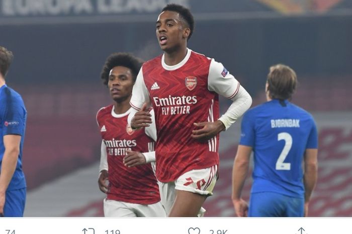 Joe Willock, berperan membuat bek lawan mencetak dua gol bunuh diri dalam laga Arsenal vs Molde di Liga Europa, Kamis (5/11/2020) di Emirates Stadium.