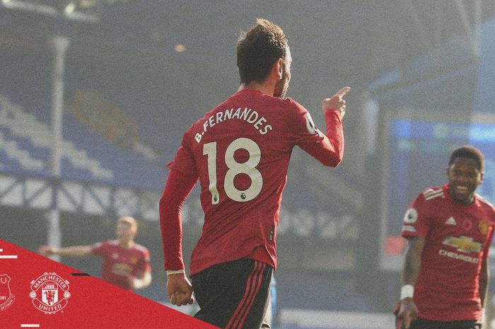 Gelandang Manchester United, Bruno Fernandes, melakukan selebrasi usai mencetak gol ke gawang Everton di Goodison Park dalam laga Liga Inggris 2020-2021, Sabtu (7/11/2020) pukul 19.30 WIB.