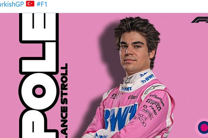 Pembalap Racing Point, Lance Stroll, merebut pole position pada kualifikasi Formula 1 GP Turki di Intercity Istanbul Park, Turki, 14 November 2020.