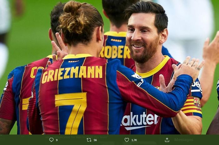 Lionel Messi dan Antoine Griezmann saat merayakan gol Barcelona.