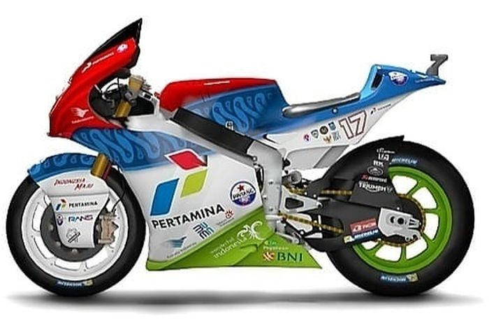 Desain livery Mandalika Racing Team Indonesia untuk Moto2 2021, perpaduan warna merah, biru, putih dan hijau, serta beragam sponsor membalut motor balap ini.