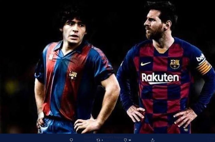 Ilustrasi Diego Maradona dan Lionel Messi di Barcelona.