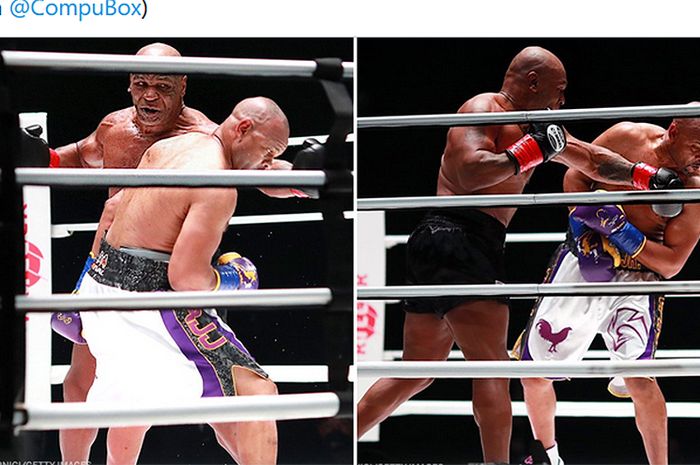 Cuplikan aksi Mike Tyson (celana hitam) dan Roy Jones Jr. dalam pertandingan ekshibisi di Staples Center, California, Amerika Serikat, 28 November 2020.