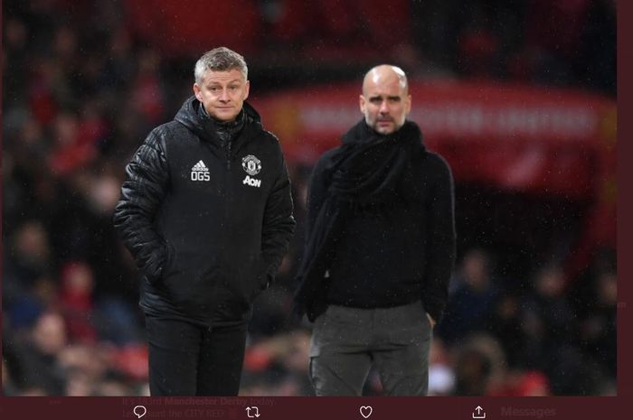 Ole Gunnar Solskjaer dan Pep Guardiola dalam duel Manchester United melawan Manchester City.