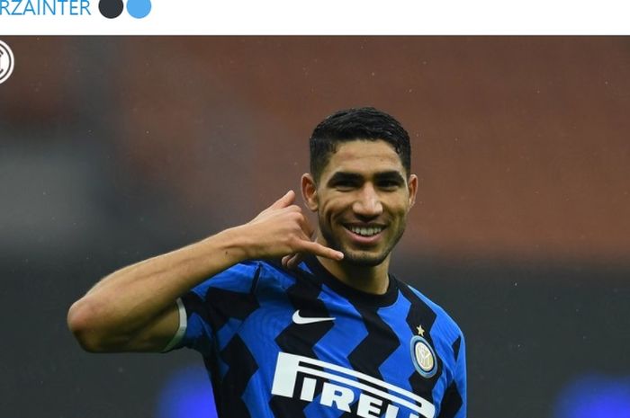 Achraf Hakimi setelah mencetak gol dalam laga Inter Milan vs Spezia di pekan ke-13 Liga Italia, Minggu (20/12/2020) di Giuseppe Meazza.