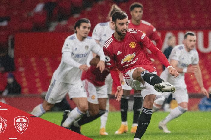 Selebrasi pemain Manchester United, Bruno Fernandes usai mencetak gol ke gawang Leeds United, dalam laga pekan ke-14 Liga Inggris, di Old Trafford, Minggu (20/12/2020).