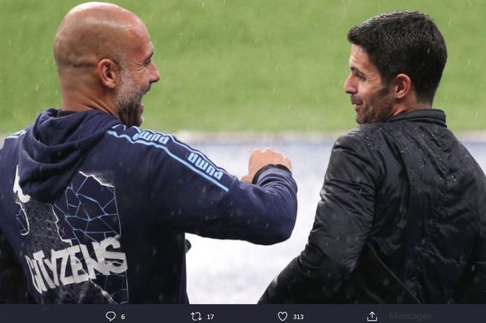 Pep Guardiola (kiri) dan Mikel Arteta, guru dan murid yang bertemu lagi sebagai lawan saat Manchester City dan Arsenal bertanding.