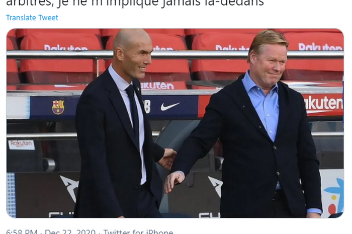 Pelatih Real Madrid, Zinedine Zidane (kiri) saat bersama juru taktik Barcelona, Ronald Koeman.