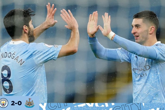 Duo pencetak gol Manchester City, Ilkay Guendogan dan Ferran Torres saat mengalahkan Newcastle United di Etihad Stadium, Sabtu (26/12/2020) atau Minggu dini hari WIB.