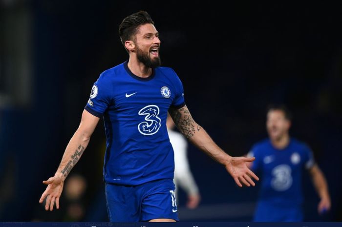 Penyerang Chelsea, Olivier Giroud, merayakan gol ke gawang Aston Villa dalam pekan keenam belas Liga Inggris 2020-2021, Senin (28/12/2020).