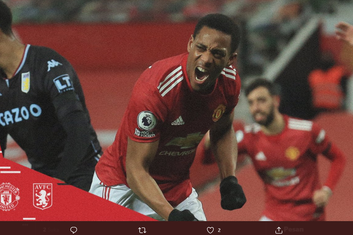 Penyerang Manchester United, Anthony Martial, mengakhiri kutukannya di Old Trafford dengan menjebol gawang Aston Villa di Liga Inggris 2020-2021, Jumat (1/1/2020) waktu setempat.