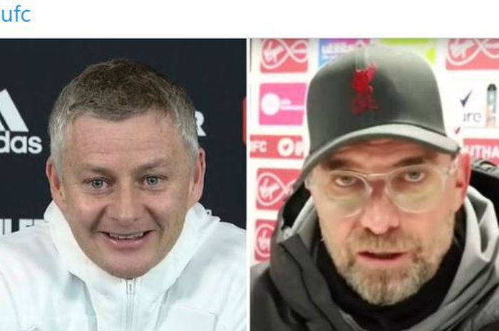 Pelatih Manchester United, Ole Gunnar Solskjaer, dan pelatih Liverpool, Juergen Klopp.