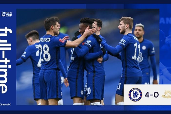 Para pemain Chelsea merayakan gol yang dicetak Callum Hudson-Odoi saat melawan Morecambe pada babak putaran ketiga Piala FA di Stadion Stamford Bridge, Minggu (10/1/2021).