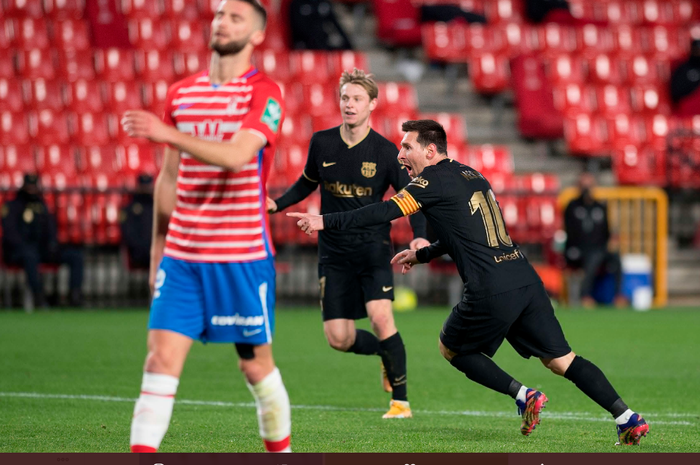 Lionel Messi merayakan gol ke gawang Granada dalam pekan kedelapan belas Liga Spanyol 2020-2021, Sabtu (9/1/2021).