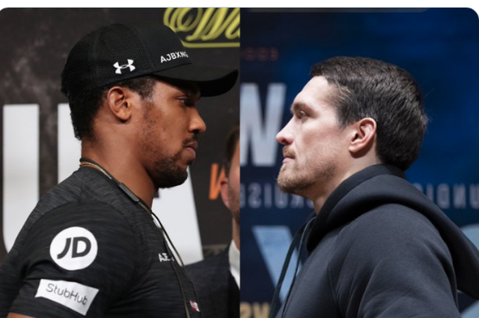 Foto rekayasa sesi staredown antara juara kelas berat WBO, Anthony Joshua (kiri), dan juara kelas berat inter-kontinental WBO, Oleksandr Usyk (kanan).