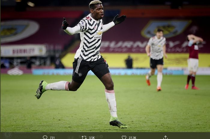 Ekspresi Paul Pogba usai cetak gol ke gawang Burnley yang buat Manchester United unggul 1-0 pada laga tunda Liga Inggris 2020-2021.