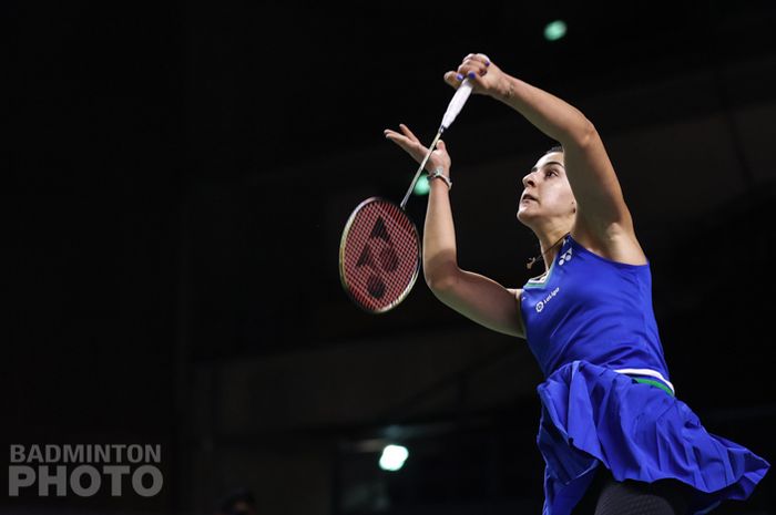 Pebulu tangkis tunggal putri Spanyol, Carolina Marin, saat menjalani laga babak kesatu Thailand Open 2021 di Impact Arena, Bangkok, Thailand, Rabu (13/1/2021).