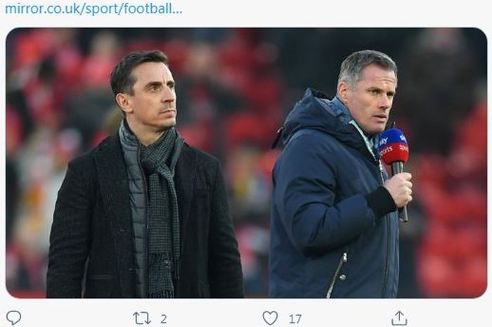 Dua legenda klub Liga Inggris sekaligus sesama pakar di Sky Sports, Gary Neville (Man United) dan Jamie Carragher (Liverpool)