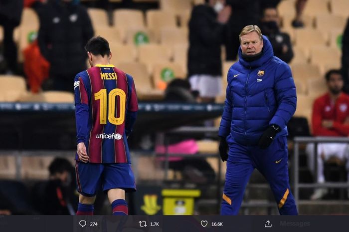 Lionel Messi kena kartu merah dalam partai final Piala Super Spanyol antara Barcelona vs Athletic Bilbao, 17 Januari 2021.