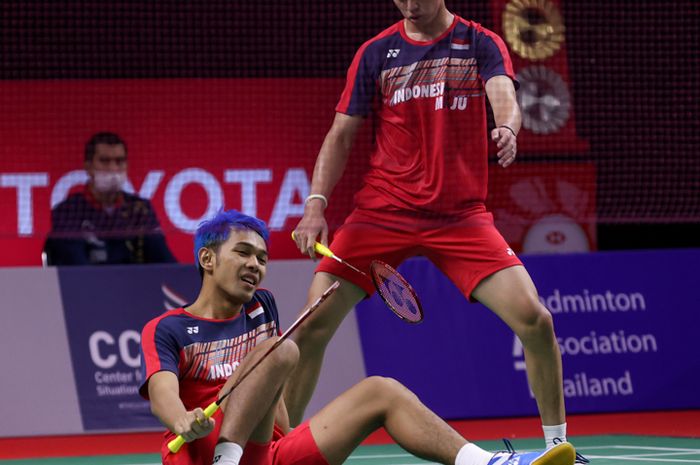 Pasangan ganda putra Indonesia, Fajar Alfian/Muhammad Rian Ardianto, pada babak pertama Thailand Open II 2021 di Impact Arena, Bangkok,  Rabu (20/1/2021).