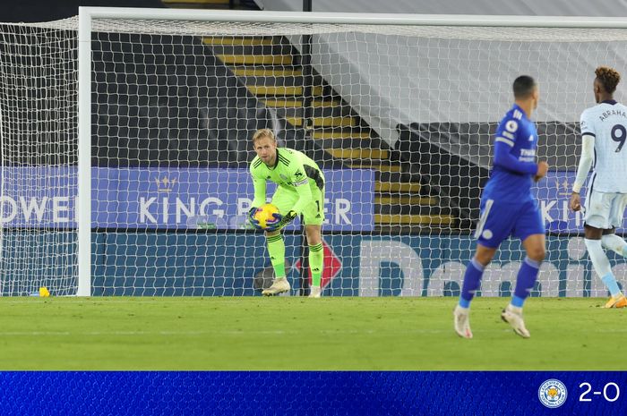 Kasper Schmeichel saat Leicester City menghajar Chelsea 2-0 di King Power Stadium dalam laga pekan ke-19 Liga Inggris, Selasa (19/1/2021) atau Rabu dini hari WIB.