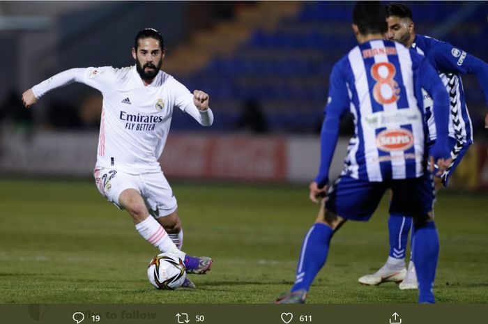 Isco beraksi dalam duel Real Madrid melawan Alcoyano di babak 32 besar Copa del Rey, Rabu (20/1/2021).