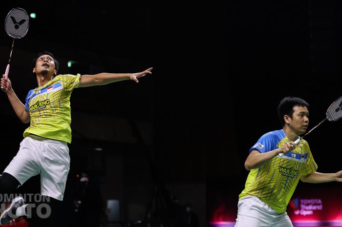 Pasangan ganda putra Indonesia, Mohammad Ahsan/Hendra Setiawan, pada babak semifinal Thailand Open II 2021 di Impact Arena, Bangkok, Sabtu (23/1/2021).