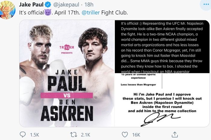 Pengumuman duel Jake Paul vs Ben Askren di Twitter.