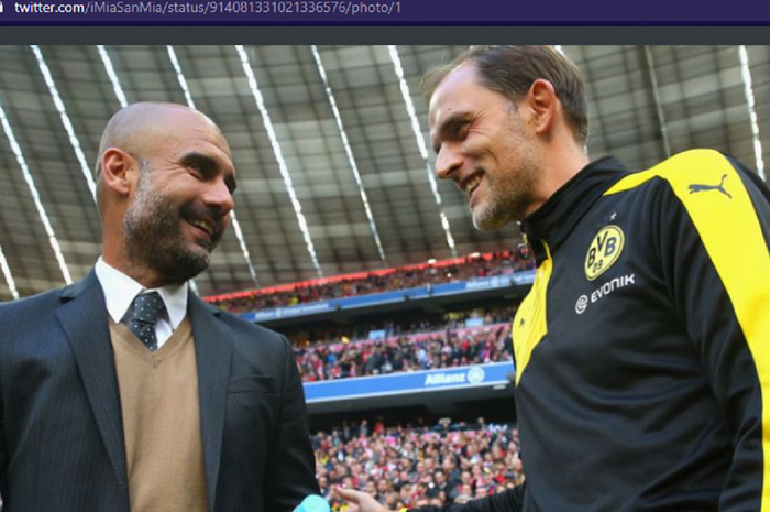 Pelatih Manchester City, Pep Guardiola (kanan), bersama pelatih anyar Chelsea, Thomas Thucel. 