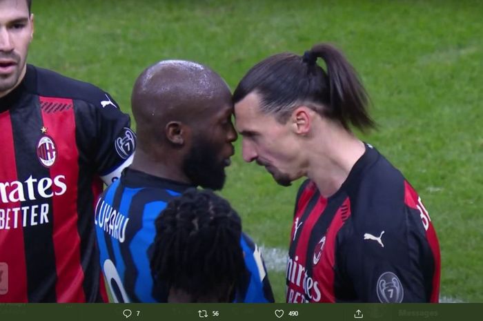 Zlatan Ibrahimovic dan Romelu Lukaku terlibat adu kepala dalam laga bertajuk Derbi Milan antara AC Milan dan Inter Milan di babak perempat final Coppa Italia 2020-2021, Selasa (26/1/2021).