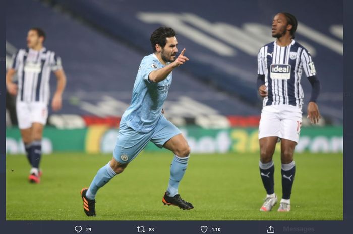 Ilkay Guendogan merayakan golnya untuk Manchester City ke gawang West Bromwich Albion dalma lanjutan Liga Inggris di The Hawthorns, 26 Januari 2021.