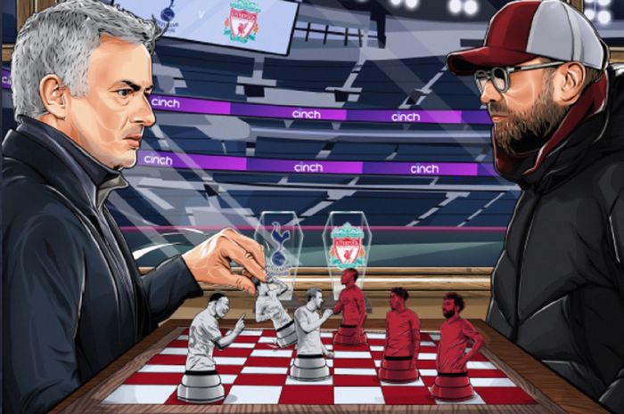 Jose Mourinho beradu strategi dengan Juergan Klopp dalam duel panas Tottenham Hotspur versus Liverpool.