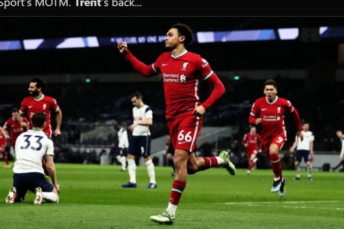 Selebrasi Trent Alexander-Arnold usai mencetak gol ke gawang Tottenham Hotspur.