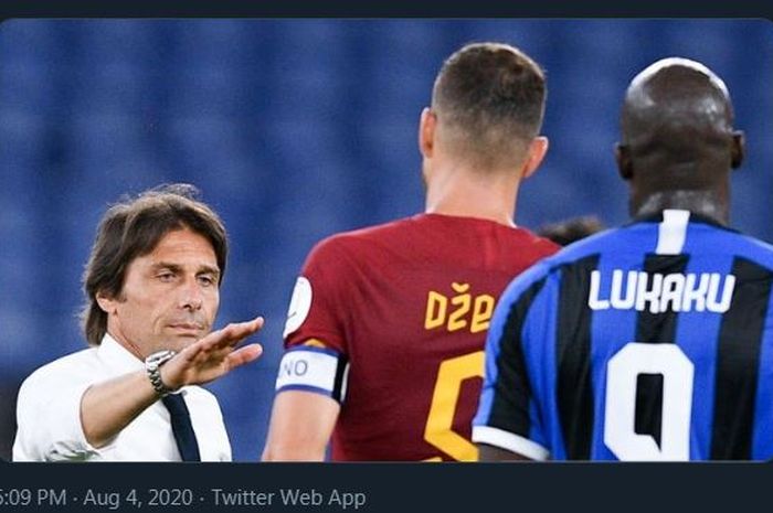 Antonio Conte bersama Edin Dzeko dan Romelu Lukaku dalam partai Inter Milan melawan AS Roma.