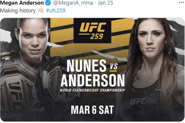 Megan Anderson menghadapi Amanda Nunes di UFC 259 pada 6 Maret 2021.