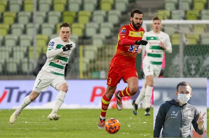 Gelandang Lechia Gdansk Maciej Gajos (kiri) kewalahan mengejar lawannya dari Jagiellonia Bialystok dalam duel Liga Polandia (Ekstraklasa), Sabtu (30/1/2021). Egy Maulana Vikri (inset) seharusnya bisa tampil menggantikan Gajos.