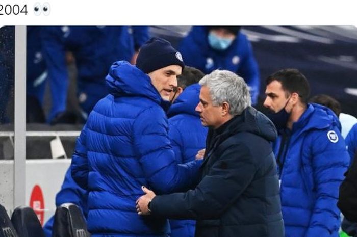 Pelatih Chelsea, Thomas Tuchel, bersalaman dengan pelatih Tottenham Hotspur, Jose Mourinho, seusai laga Liga Inggris di Tottenham Hotspur Stadium, Kamis (4/2/2021).