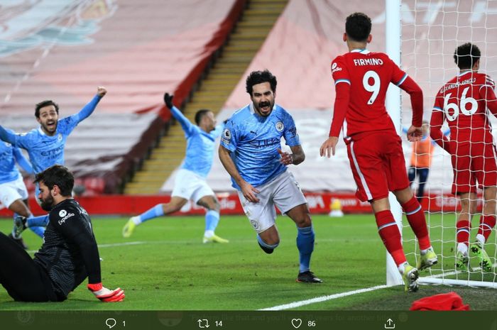 Liverpool menelan kekalahan 1-4 dari Manchester City di Stadion Anfield dalam lanjutan laga pekan ke-23 Liga Inggris 2020-2021.